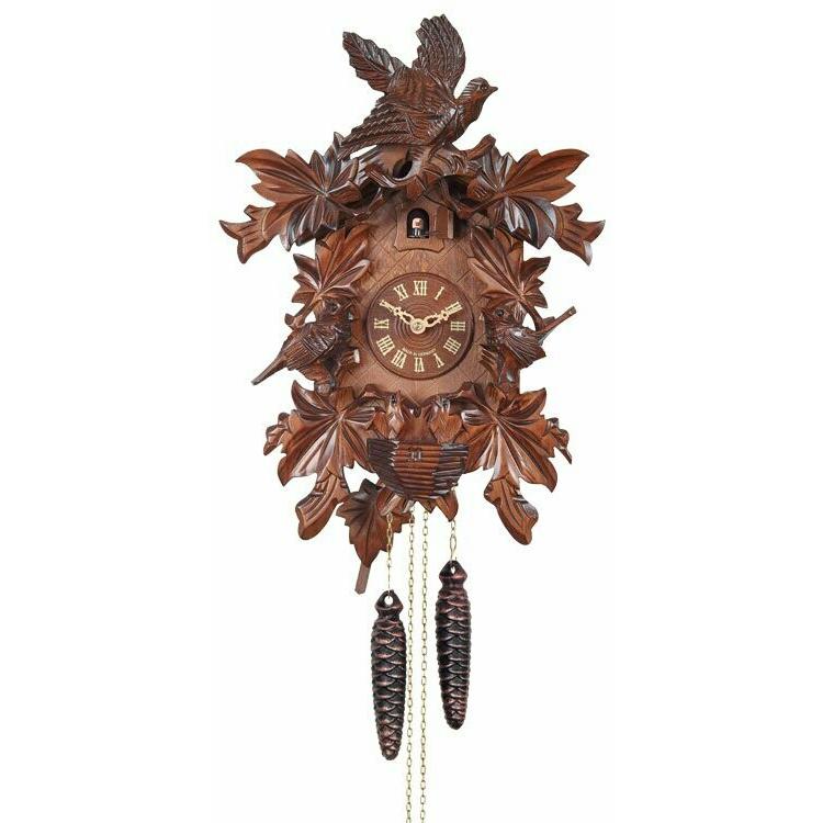 One Day Hand-Carved Cuckoo Clock with Seven Maple Leaves, Three Birds, and Nest. Picture 1