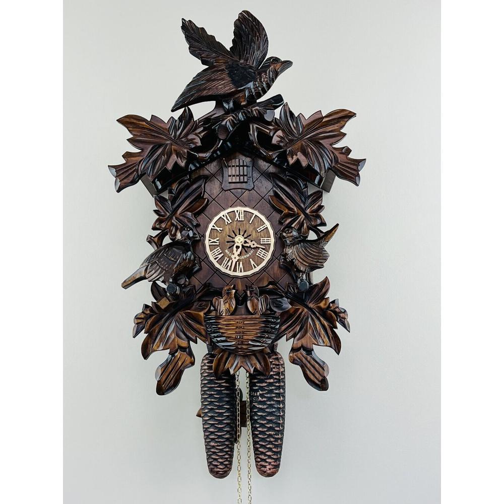 Eight Day Cuckoo Clock with Hand-carved Leaves, Birds, and Bird Nest with Chicks. Picture 1