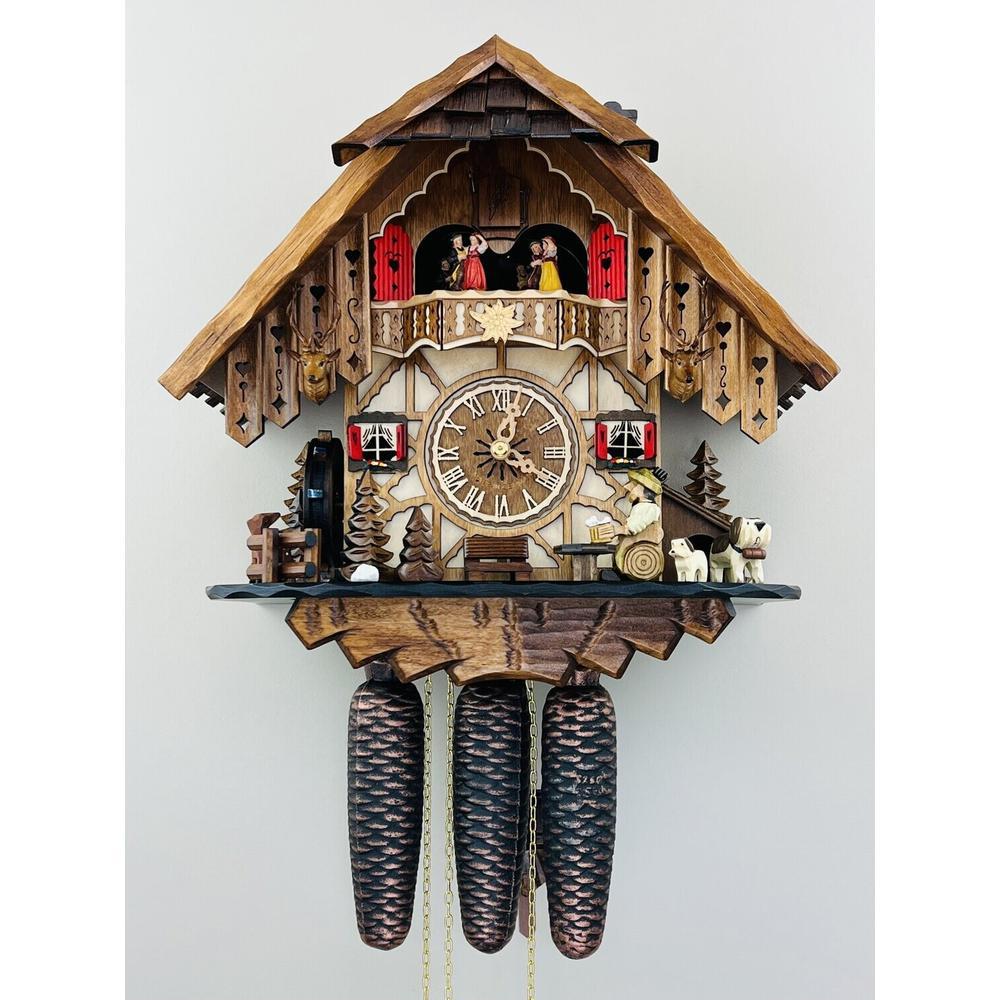 Eight Day Musical Cuckoo Clock Cottage with Beer Drinker and Moving Waterwheel. Picture 1