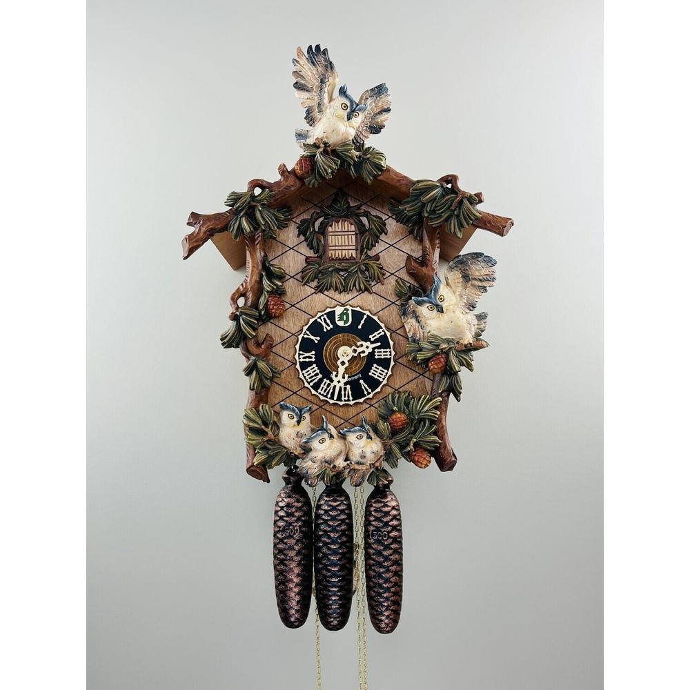 Eight Day Musical Cuckoo Clock Carved Owls and Leaves with Hoot sound. Picture 1