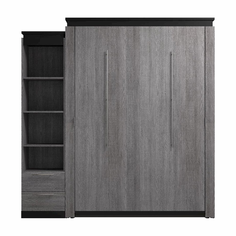 Queen Murphy Bed with Shelves and Drawers (87W) in White and Walnut Grey. Picture 2
