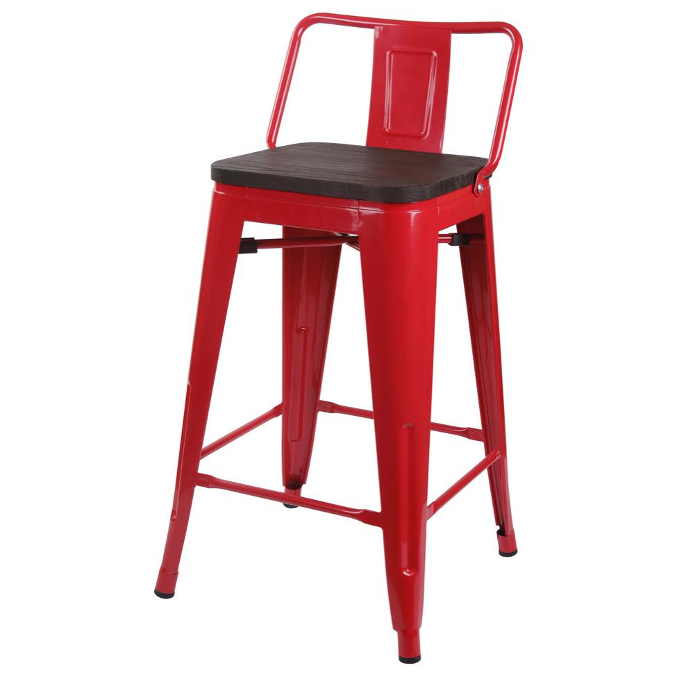 Lowback Red Metal Bar Stools, Dark Wooden Seat, Set of 1. Picture 1