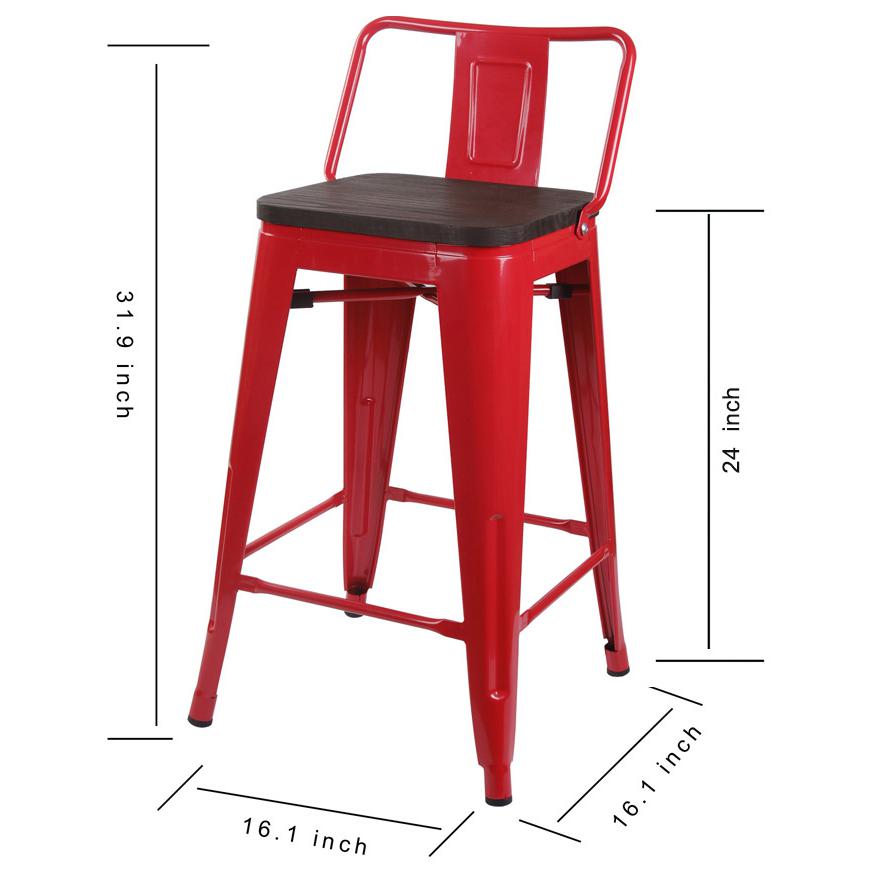 Lowback Red Metal Bar Stools, Dark Wooden Seat, Set of 1. Picture 2