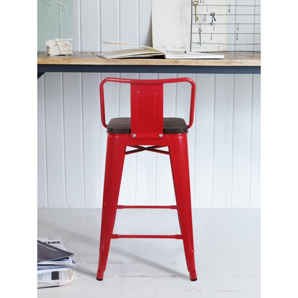 Lowback Red Metal Bar Stools, Dark Wooden Seat, Set of 1. Picture 3