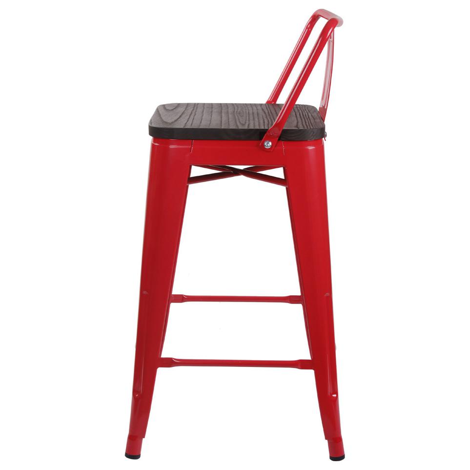 Lowback Red Metal Bar Stools, Dark Wooden Seat, Set of 1. Picture 4