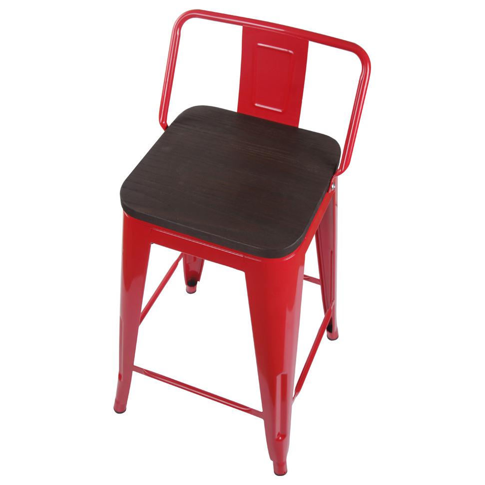 Lowback Red Metal Bar Stools, Dark Wooden Seat, Set of 1. Picture 5
