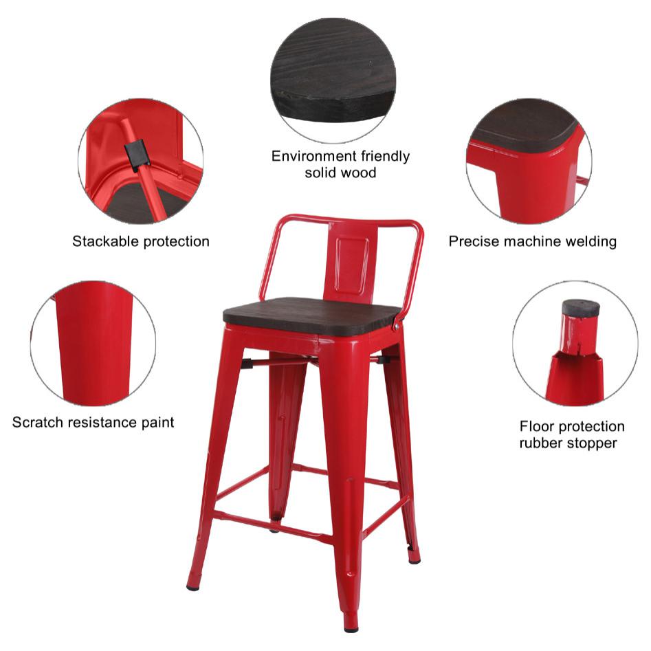 Lowback Red Metal Bar Stools, Dark Wooden Seat, Set of 1. Picture 7