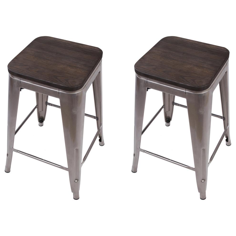 Metal Backless Gunmetal Bar Stools With Dark Wooden Seat, Set of 2. Picture 1