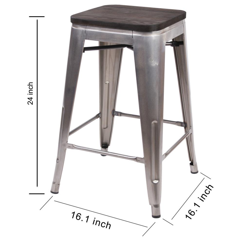 Metal Backless Gunmetal Bar Stools With Dark Wooden Seat, Set of 2. Picture 2