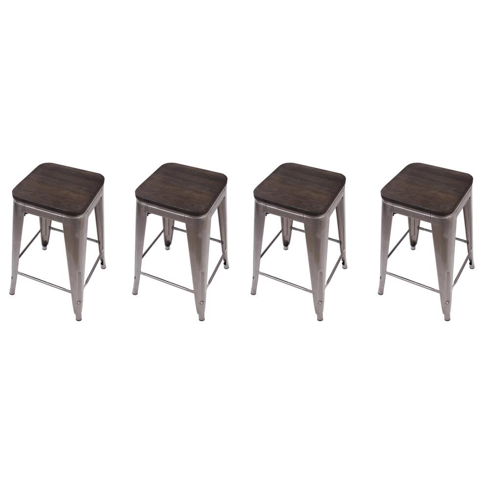 Metal Backless Gunmetal Bar Stools With Dark Wooden Seat, Set of 4. Picture 1