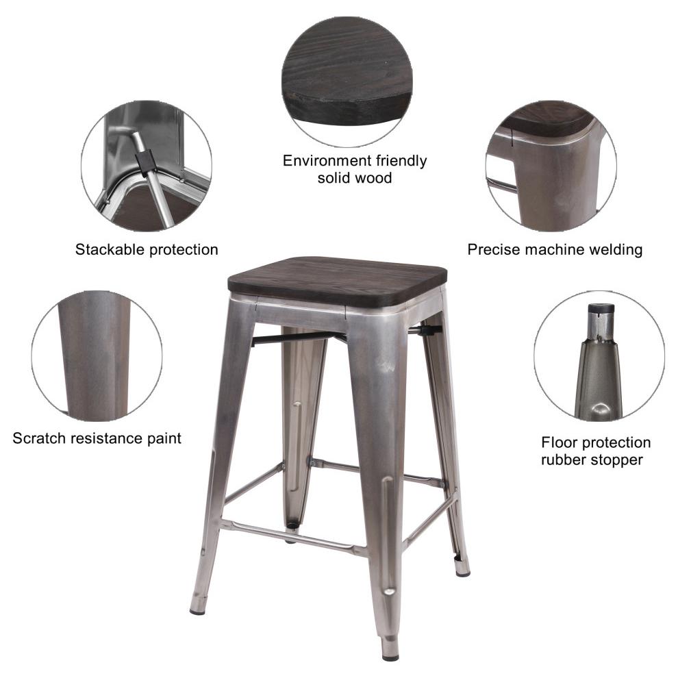 Metal Backless Gunmetal Bar Stools With Dark Wooden Seat, Set of 4. Picture 5
