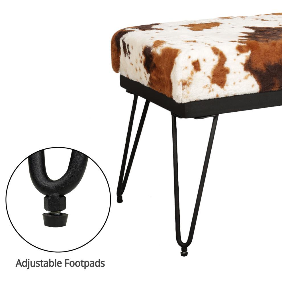 Brown Milk Cow Velvet Bench Ottoman with Black Metal Frame. Picture 3