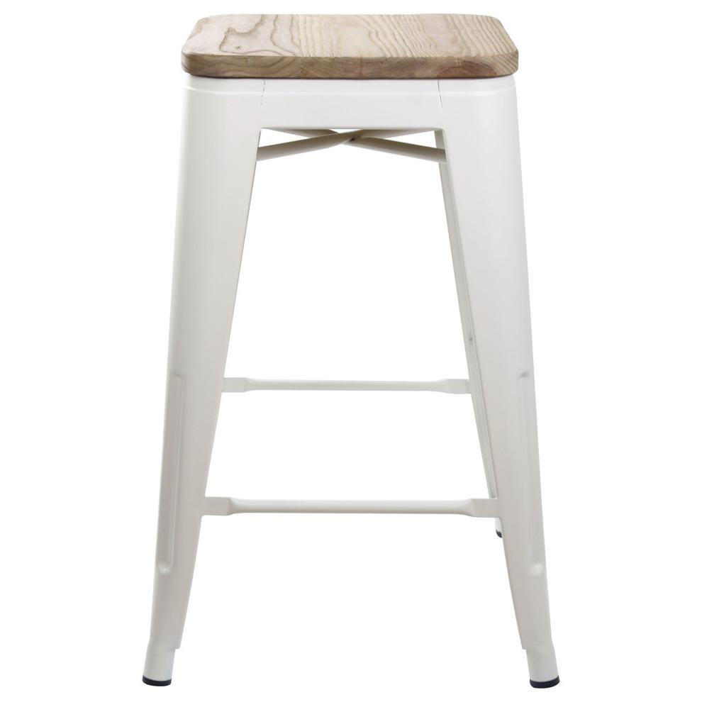 White Backless Metal Bar Stools, Dark Wooden Seat, Set of 1. Picture 1