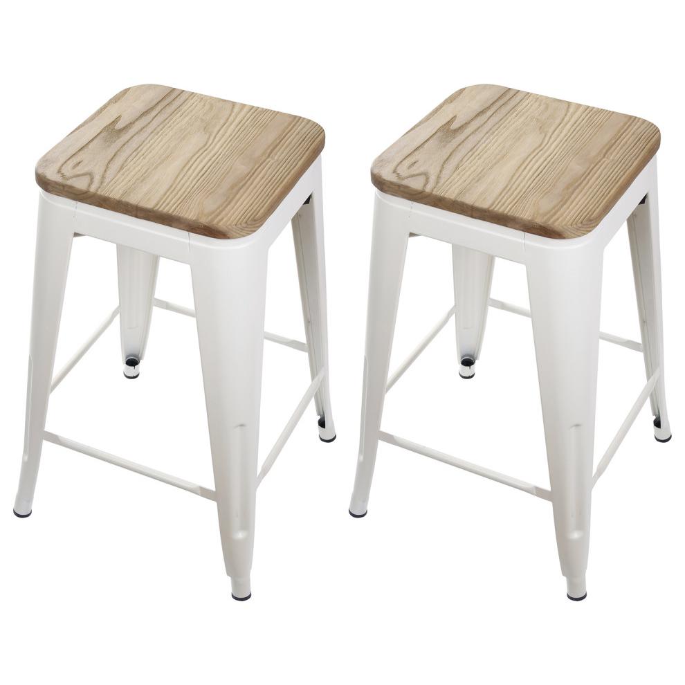 White Backless Metal Bar Stools, Dark Wooden Seat, Set of 2. Picture 1