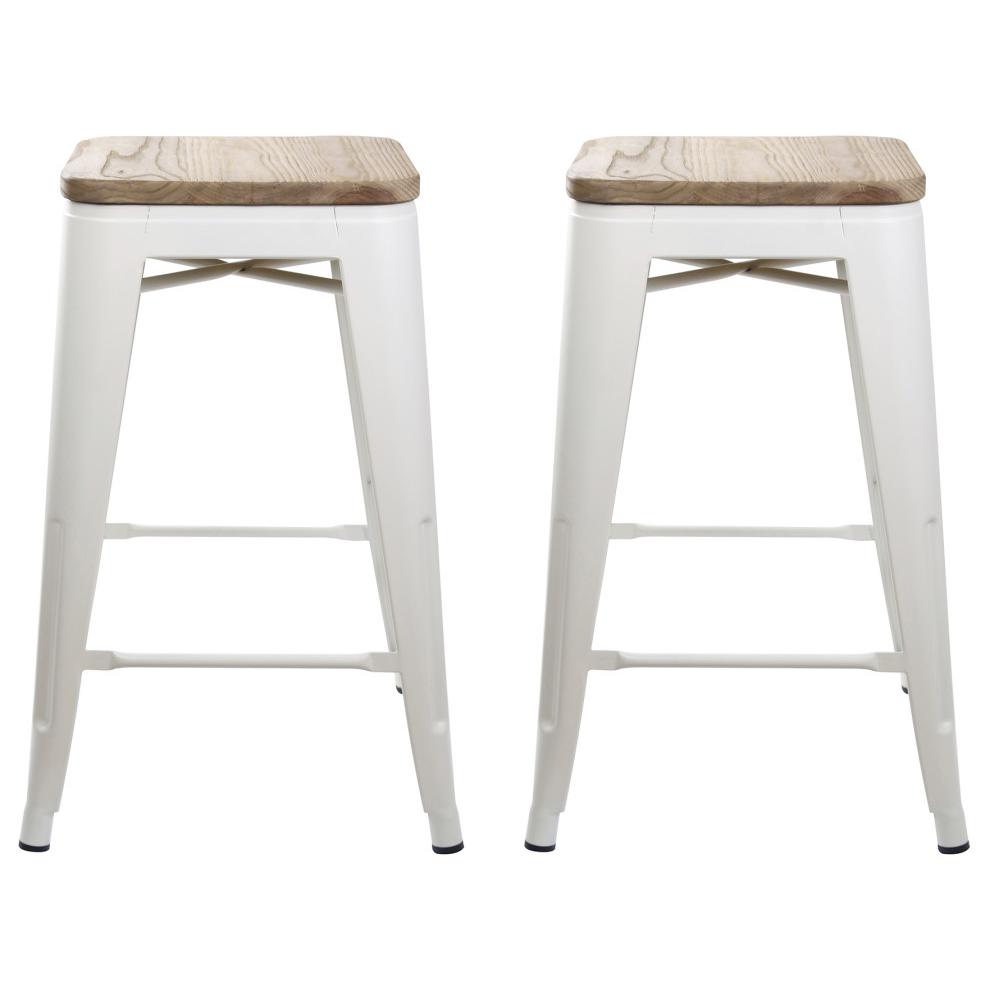 White Backless Metal Bar Stools, Dark Wooden Seat, Set of 2. Picture 3