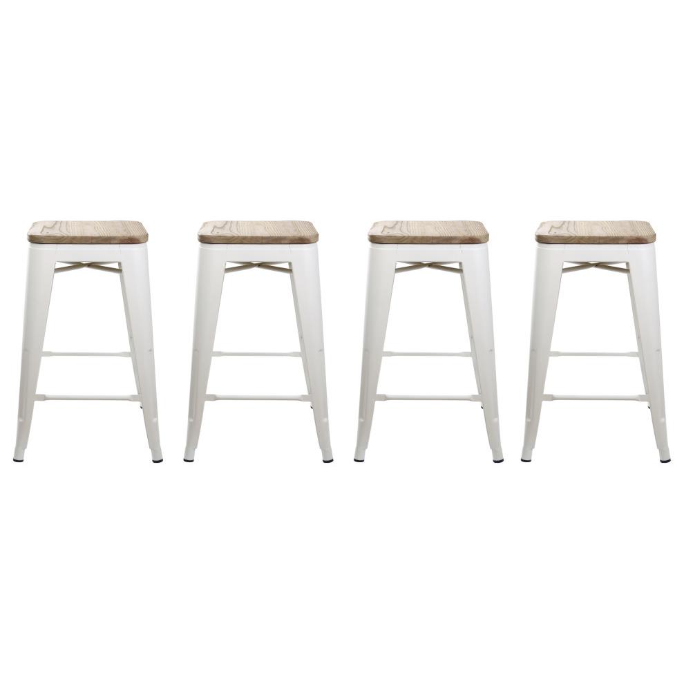 White Backless Metal Bar Stools, Dark Wooden Seat, Set of 4. Picture 1