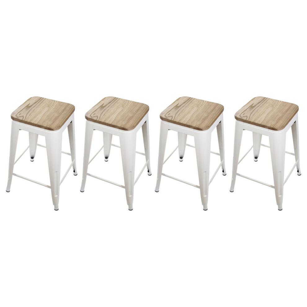 White Backless Metal Bar Stools, Dark Wooden Seat, Set of 4. Picture 2