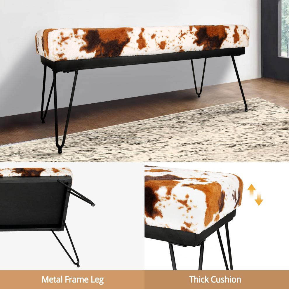 Brown Milk Cow Velvet Bench Ottoman with Black Metal Frame. Picture 4
