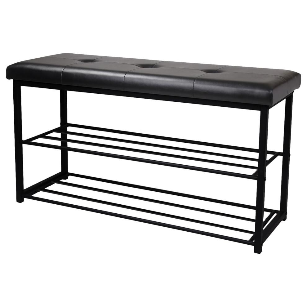 Black Entryway Shoe Rack Bench, Cushioned Faux Leather Seat. Picture 1