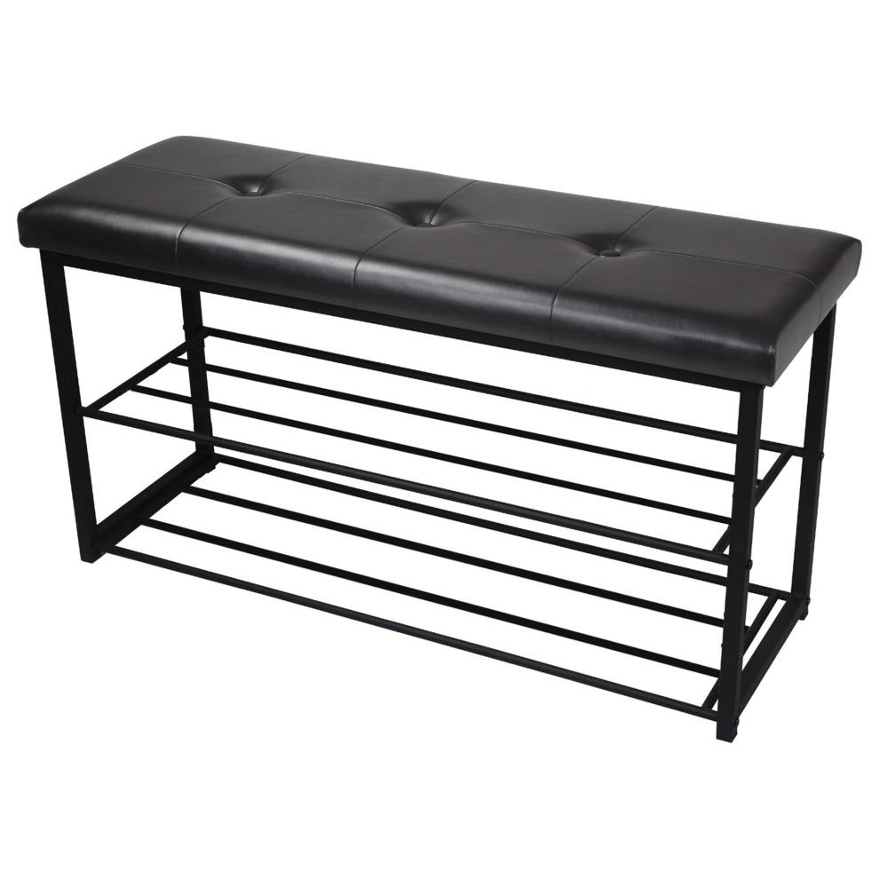 Black Entryway Shoe Rack Bench, Cushioned Faux Leather Seat. Picture 3