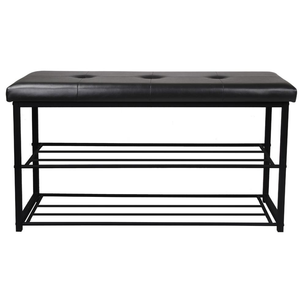 Black Entryway Shoe Rack Bench, Cushioned Faux Leather Seat. Picture 6