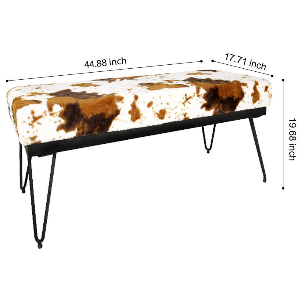 Brown Milk Cow Velvet Bench Ottoman with Black Metal Frame. Picture 6