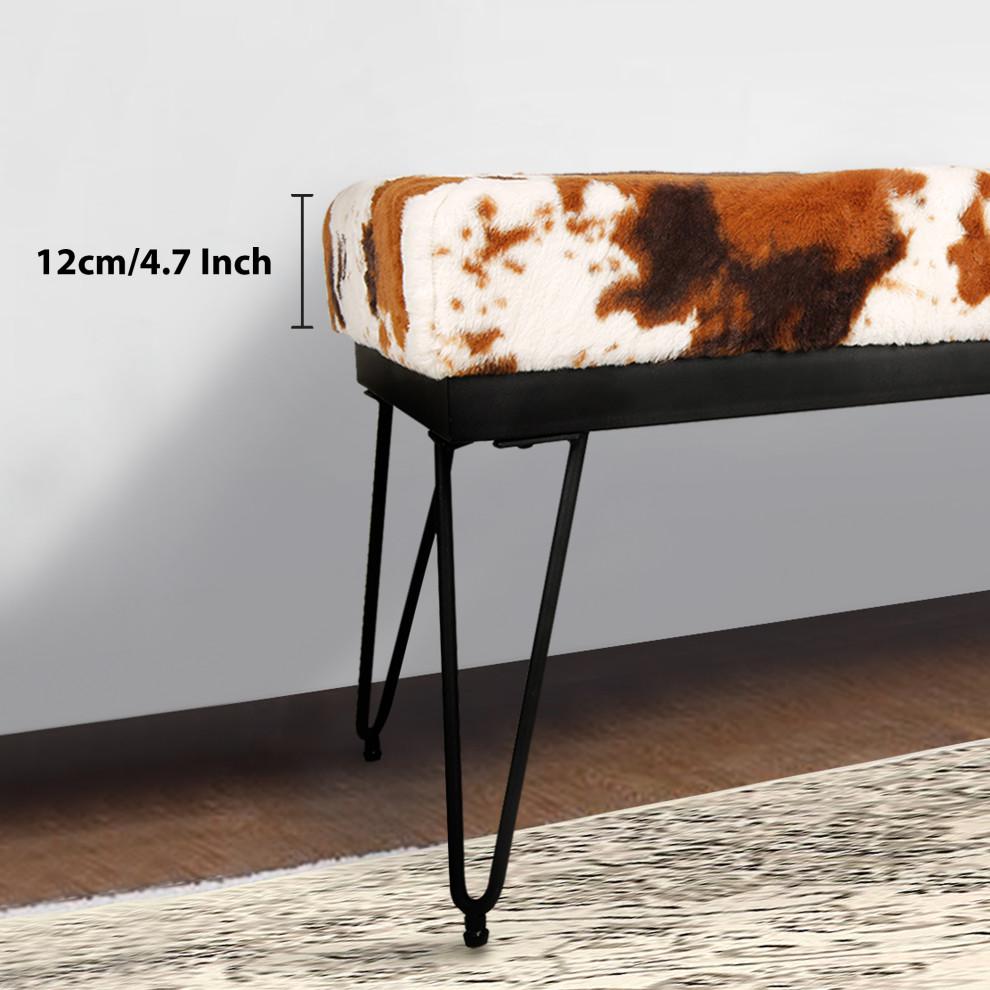 Brown Milk Cow Velvet Bench Ottoman with Black Metal Frame. Picture 7