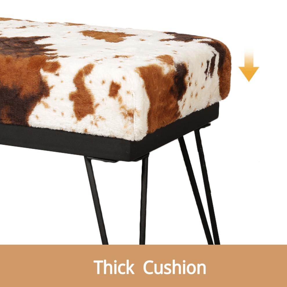 Brown Milk Cow Velvet Bench Ottoman with Black Metal Frame. Picture 10