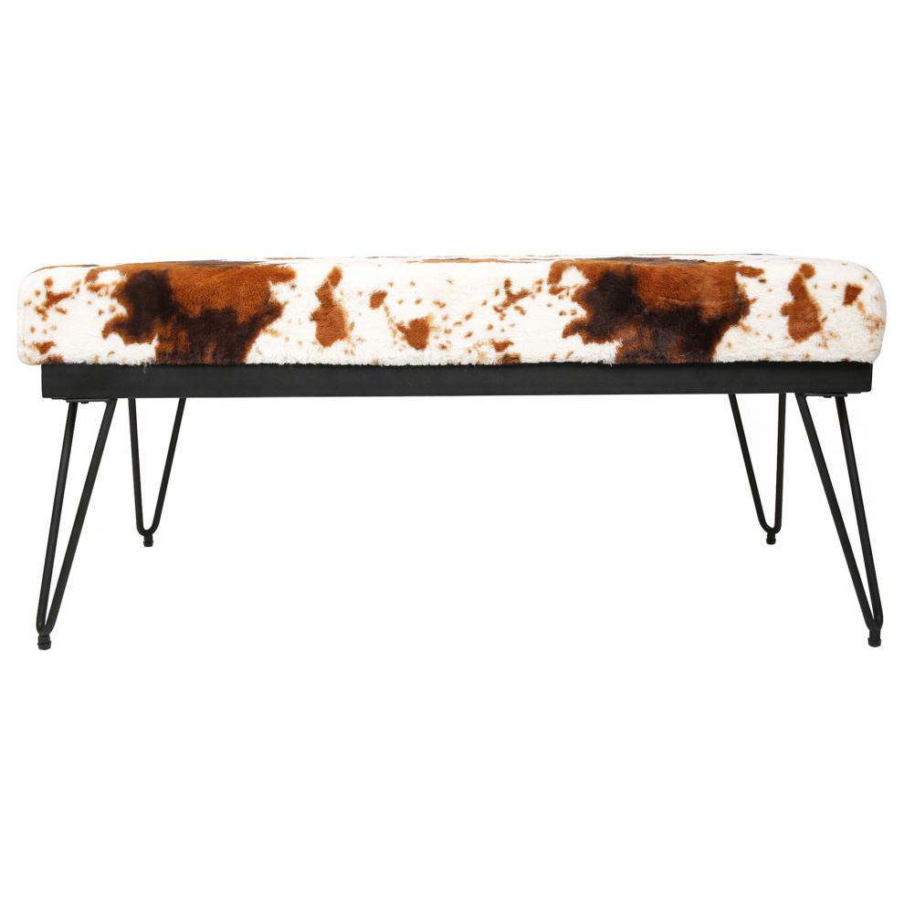Brown Milk Cow Velvet Bench Ottoman with Black Metal Frame. Picture 1