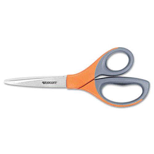 Elite Series Stainless Steel Shears, 8" Long, 3.5" Cut Length, Orange Straight Handle. Picture 1
