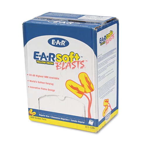 E-A-Rsoft Blasts Earplugs, Corded, Foam, Yellow Neon, 200 Pairs/Box. Picture 1