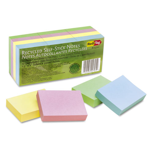 100% Recycled Self-Stick Notes, 1.5" x 2", Assorted Pastel Colors, 100 Sheets/Pad, 12 Pads/Pack. Picture 1