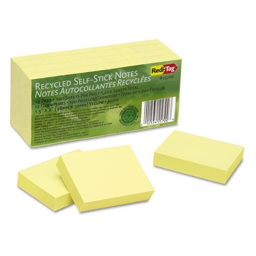 100% Recycled Self-Stick Notes, 1.5" x 2", Yellow, 100 Sheets/Pad, 12 Pads/Pack. Picture 1