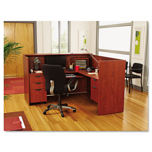 Alera Valencia Series Reception Desk with Transaction Counter, 71" x 35.5" x 29.5" to 42.5", Medium Cherry. Picture 3