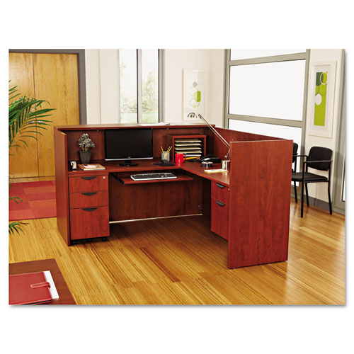 Alera Valencia Series Reception Desk with Transaction Counter, 71" x 35.5" x 29.5" to 42.5", Medium Cherry. Picture 4
