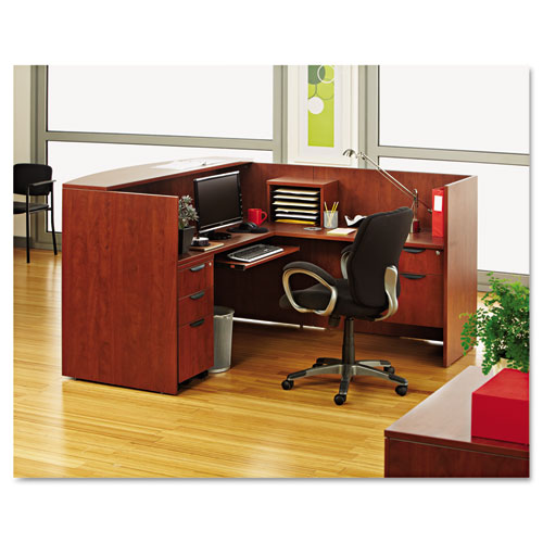 Alera Valencia Series Reception Desk with Transaction Counter, 71" x 35.5" x 29.5" to 42.5", Medium Cherry. Picture 6