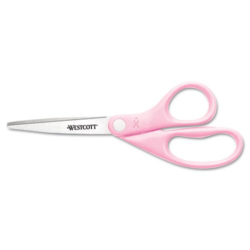 All Purpose Pink Ribbon Scissors, 8" Long, 3.5" Cut Length, Pink Straight Handle. Picture 1
