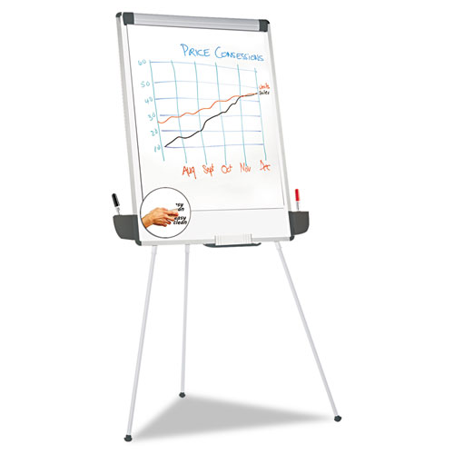 Dry Erase Board with Tripod Easel and Adjustable Pen Cups, 29 x 41, White Surface, Silver Frame. Picture 1