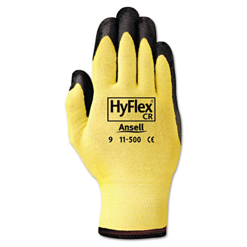 HyFlex Ultra Lightweight Assembly Gloves, Black/Yellow, Size 10, 12 Pairs. The main picture.