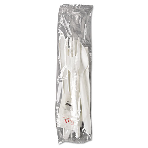 Wrapped Cutlery Kit, Fork/Knife/Spoon/Napkin/Salt/Pepper, Polypropylene, White, 250/Carton. Picture 2