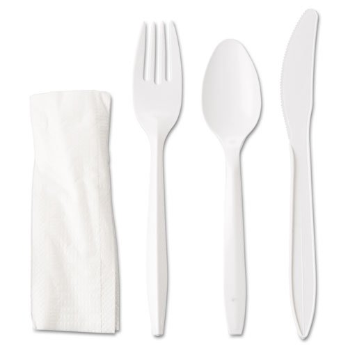 Wrapped Cutlery Kit, Fork/Knife/Spoon/Napkin, Mediumweight, Polypropylene Plastic, White, 250/Carton. The main picture.