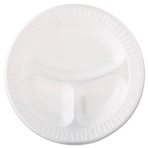 Quiet Class Laminated Foam Dinnerware, Plates, 3-Compartment, 10.25" dia, White, 125/Pack, 4 Packs/Carton. Picture 1