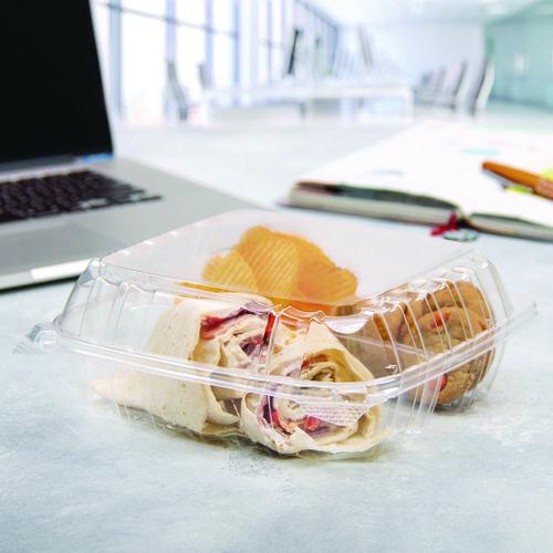 ClearSeal Hinged-Lid Plastic Containers, 8.25 x 8.25 x 3, Clear, Plastic, 125/Pack, 2 Packs/Carton. Picture 6