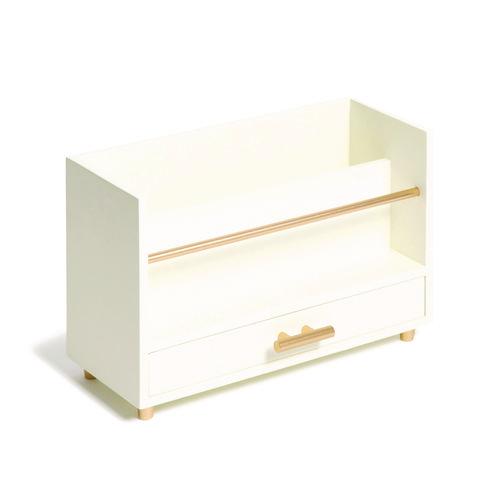 Juliet Desk Organizer, 3 Compartments, 1 Drawer, 9.5" x 4.2" x 4.9", White/Gold, Wood/Metal. Picture 2