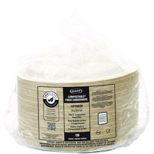 Compostable Fiber Dinnerware, ProPlanet Seal, 3-Compartment Plate, 10" Diameter, Ivory, 500/Carton. Picture 1