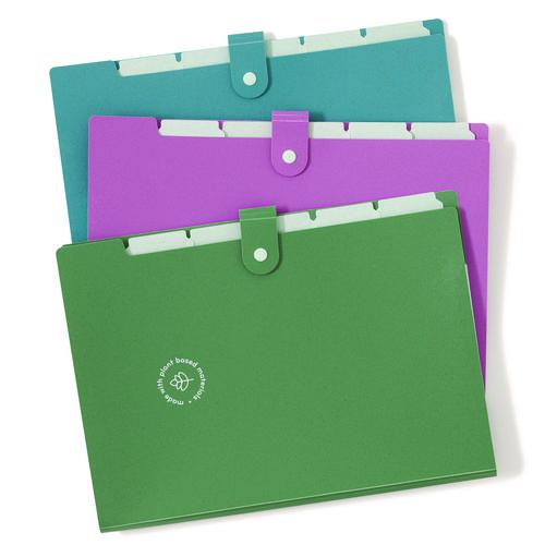 U-Eco Six-Pocket Expandable Folder, 4.5" Expansion, 6 Sections, Snap Button Closure, 1/6-Cut Tabs, Letter Size, 3/Pack. Picture 1