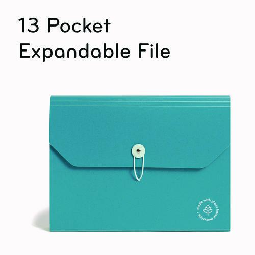 U-Eco 13-Pocket Expandable File, 9.75" Expansion, 13 Sections; Button/Elastic Closure, 1/12-Cut Tabs, Letter Size, Ocean. Picture 4