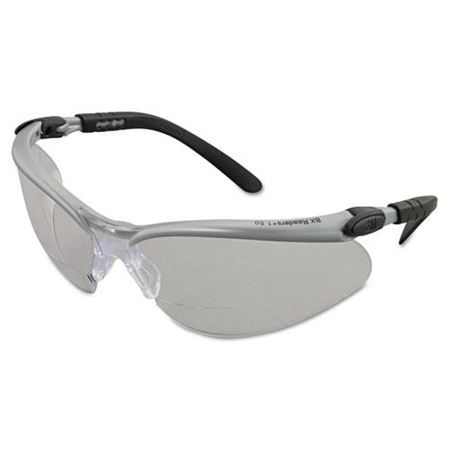 BX Molded-In Diopter Safety Glasses, 1.5+ Diopter Strength, Silver/Black Frame, Clear Lens, 20/Box. Picture 1