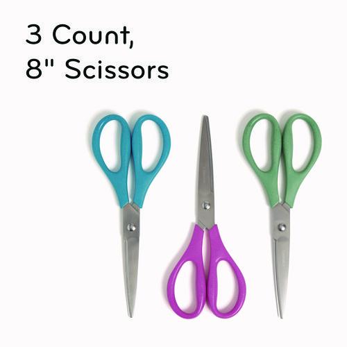 U-Eco Scissors, Concave Tip, 9.45" Long, 3" Cut Length, Assorted Straight Handle, 3/Pack. Picture 4