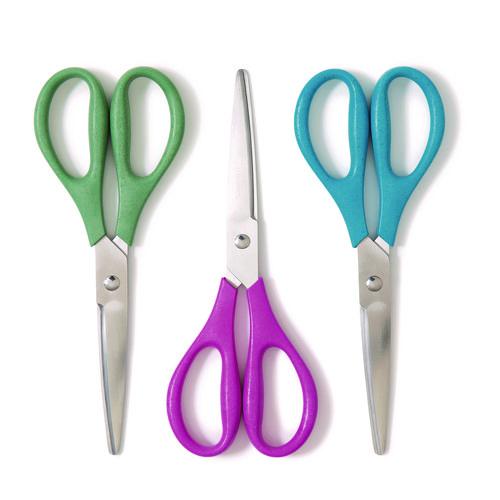 U-Eco Scissors, Concave Tip, 9.45" Long, 3" Cut Length, Assorted Straight Handle, 3/Pack. Picture 1